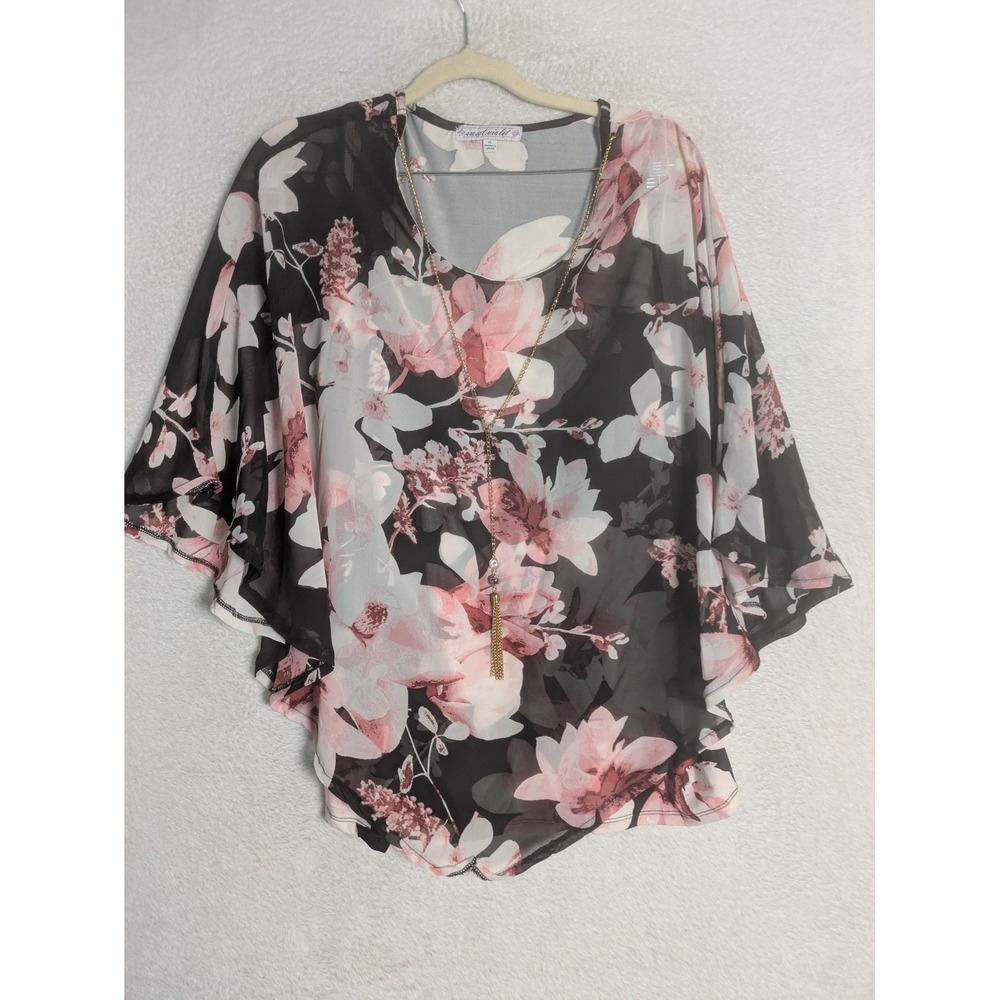 Sweet Violet Poncho Blouse Women's XL Black Pink Floral Chiffon Tassel Necklace